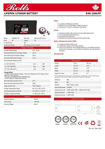 A technical product datasheet for a Rolls Lifepo4 Lithium Battery, model R36-R100LFP. The page features a black product photo of the battery and a 12V 200Ah lithium-ion cell, alongside extensive text detailing specifications, safety, and battery management system (BMS) features, with a small line drawing of the battery at the bottom.
