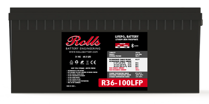 A black Rolls Battery Engineering R36-100LFP lithium-ion high power battery, shown from the front with its technical specification label clearly visible against a white background.
