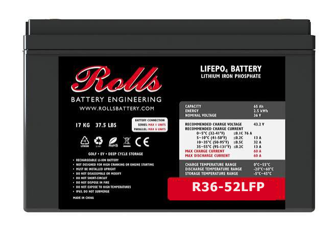 A Rolls brand Lifego battery, model R36-52LFP, shown in a clean studio shot against a white background. The battery is black with a large black label featuring red and white text and specifications.