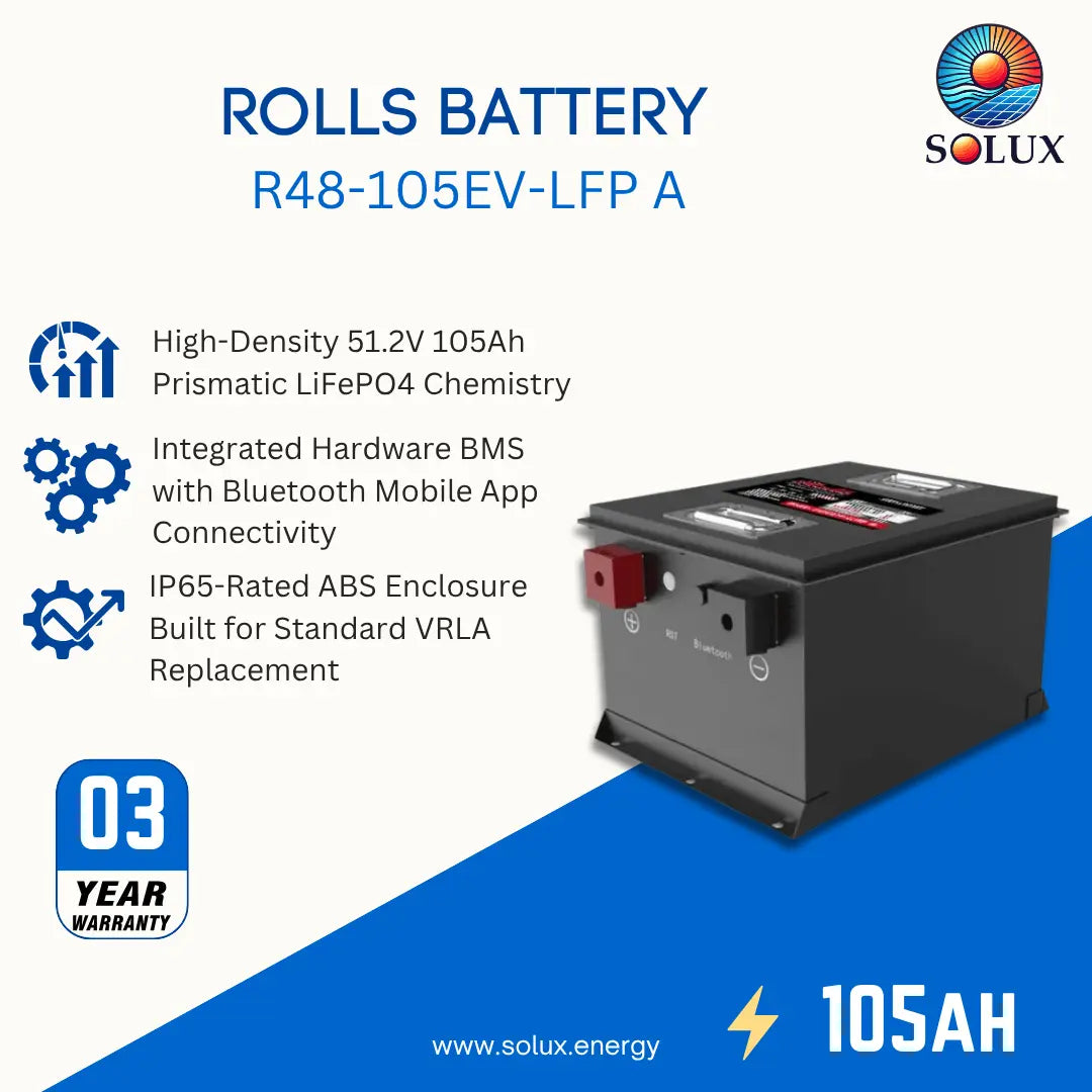 SOLUX R48-105EV-LFP A Rolls Battery golf cart and light ev battery on a white and blue promotional background with feature icons and a 03 Year Warranty badge.