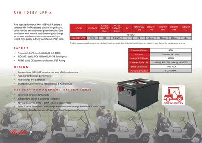 A technical product brochure page for the R48-10E-LSFP LFP battery pack, featuring specifications, safety, design, and battery management system details alongside product photos of the battery pack in different environments.