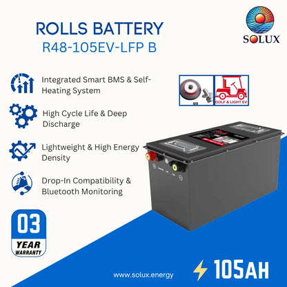 SOLUX ROLLS battery R48-105EV-LFP B, a black rectangular lithium-ion battery with red and yellow terminal caps, shown on a white and blue promotional background with feature icons and a 3-year warranty badge.
