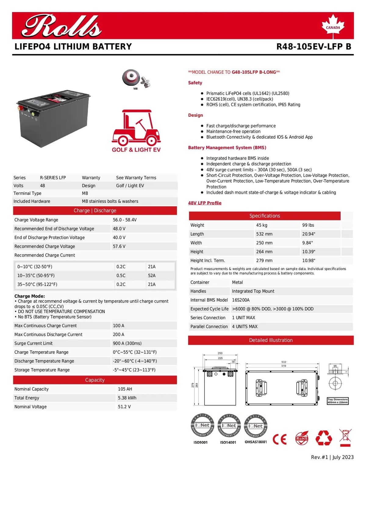 A technical datasheet page for a Rolls Lifepo4 Lithium Battery, model R48-105EV-LFP-B. The page features a red header with the Rolls logo and product name, followed by specifications, technical drawings, and a completed certification form.