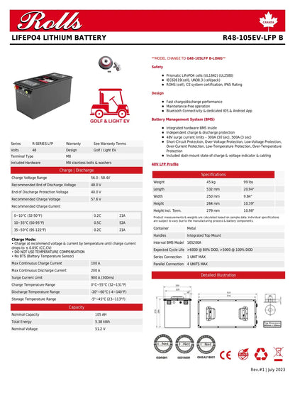 A technical datasheet page for a Rolls Lifepo4 Lithium Battery, model R48-105EV-LFP-B. The page features a red header with the Rolls logo and product name, followed by specifications, technical drawings, and a completed certification form.