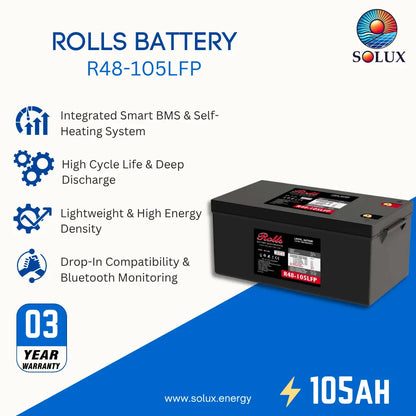 A promotional product graphic for a Rolls battery, model R48-105LFP, shown on a white and blue background with feature callouts and the Solux logo.