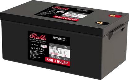 A large black Rolls battery with multiple labels, including a prominent red and black R48-105LFP sticker, shown on a plain white background.