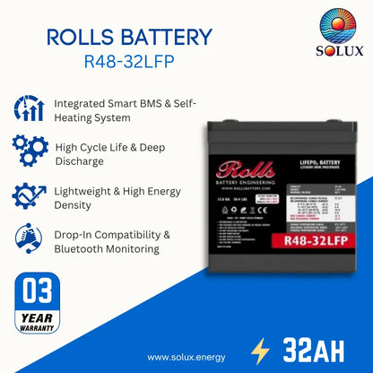 A promotional product graphic for a Rolls Battery model R48-32LFP, showing the battery on the right and feature callouts on the left, including integrated smart BMS and self-heating system, high cycle life and deep discharge, lightweight and high energy density, drop-in compatibility, Bluetooth monitoring, a 3-year warranty badge, and the Solux logo.
