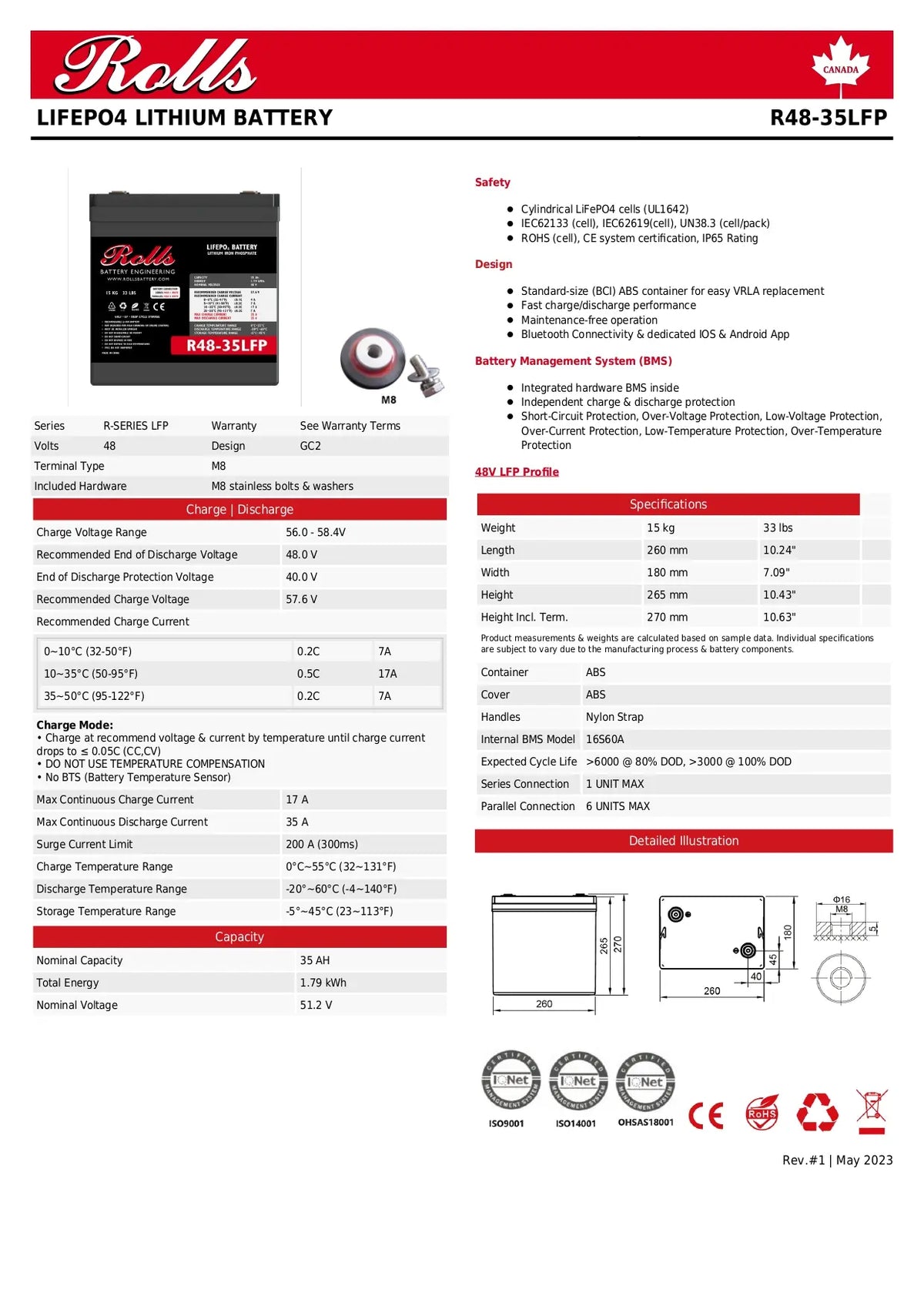 A product information sheet for a Rolls Lifepo4 Lithium Battery R48-315LP, featuring technical specifications, safety and charging notes, a small product photo, a battery diagram, and a detailed specification table on a white background with red and black text.
