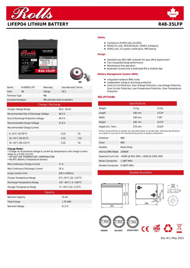 A product information sheet for a Rolls Lifepo4 Lithium Battery R48-315LP, featuring technical specifications, safety and charging notes, a small product photo, a battery diagram, and a detailed specification table on a white background with red and black text.