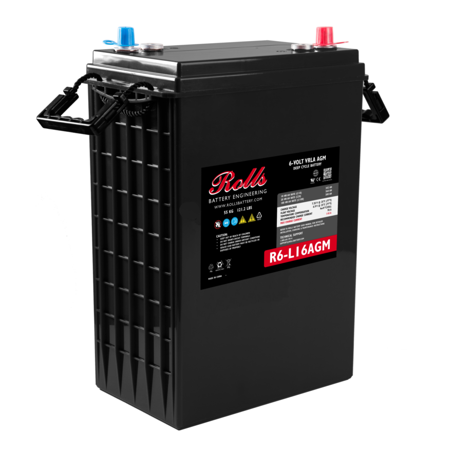 A Rolls brand 6-Volt VRLA AGM Battery, model R6-L16AGM, shown at a three-quarter angle on a white background.