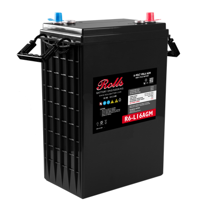 A Rolls brand 6-Volt VRLA AGM Battery, model R6-L16AGM, shown at a three-quarter angle on a white background.