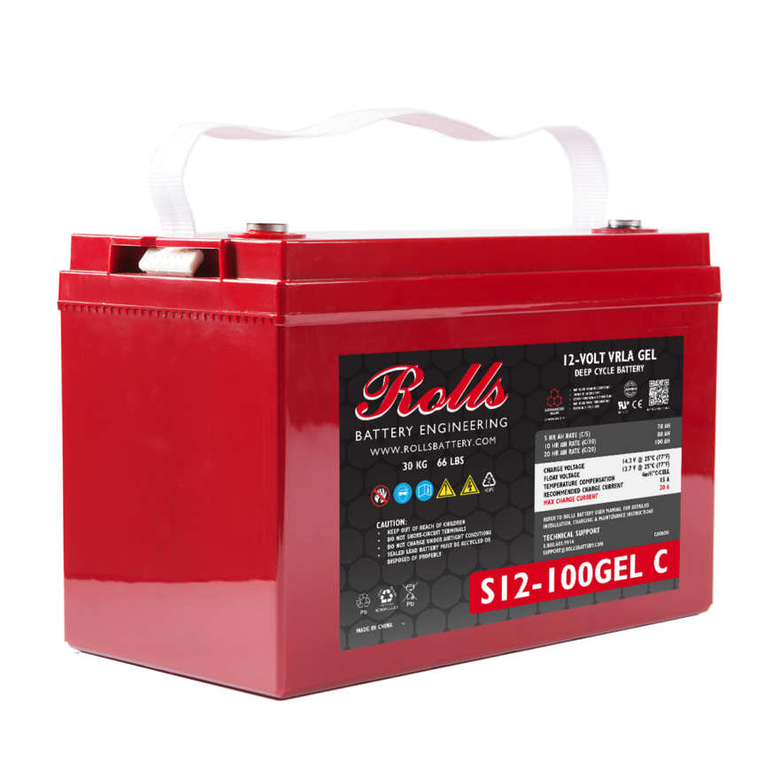 A red Rolls Surrette S12-100GEL 12VDC 100Ah GEL battery with branding and model number displayed on the side.