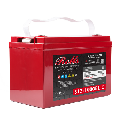 A red Rolls Surrette S12-100GEL 12VDC 100Ah GEL battery with branding and model number displayed on the side.