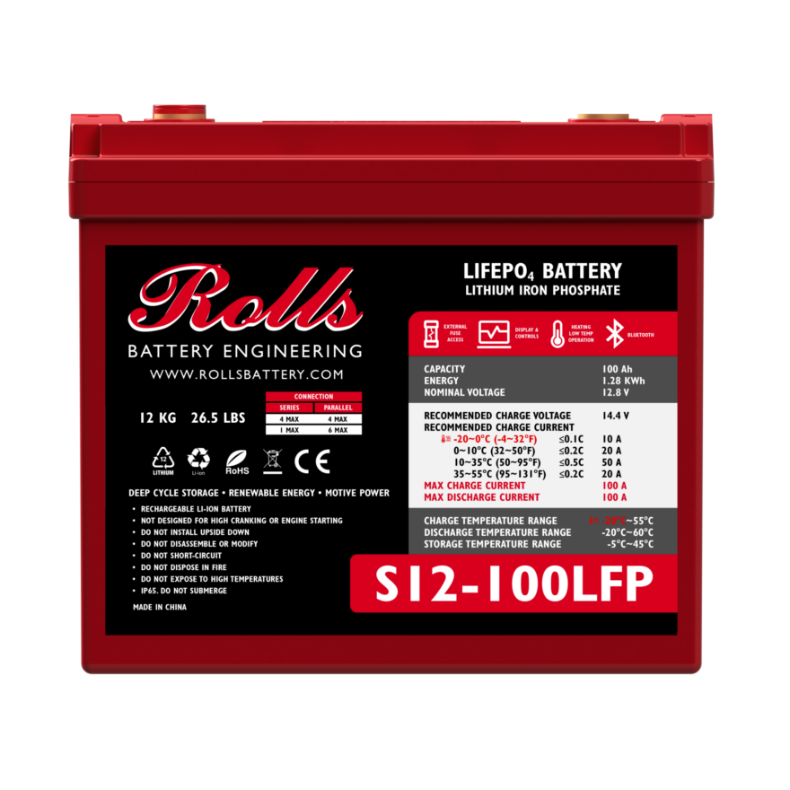 A red industrial battery with a label that includes the brand name 'Rolls' and the model number 'S12-100LFP'. The battery is designed for 12VDC applications and has a capacity of 100Ah.