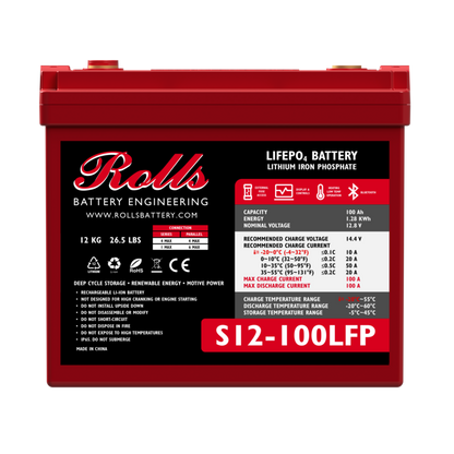 A red industrial battery with a label that includes the brand name 'Rolls' and the model number 'S12-100LFP'. The battery is designed for 12VDC applications and has a capacity of 100Ah.