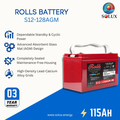 A red Rolls S12-128AGM battery shown on a white and blue promotional graphic with feature callouts, a 03-year warranty badge, and the Solux logo.