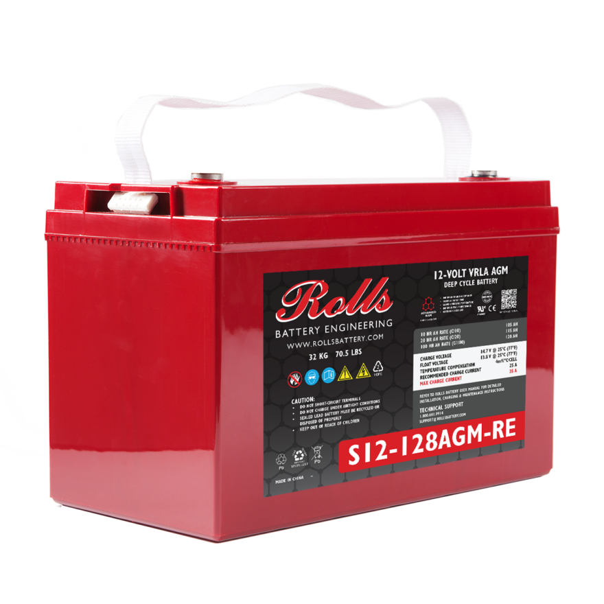 A red AGM deep cycle battery with white terminals and a label indicating it is a 12V battery from Rolls Battery.
