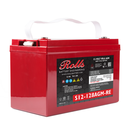 A red AGM deep cycle battery with white terminals and a label indicating it is a 12V battery from Rolls Battery.