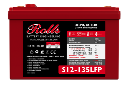 A red battery with the brand name Rolls Battery Engineering displayed on it, specifically the model S12-135LFP.