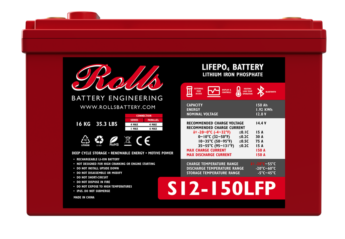 A red industrial battery with technical specifications and brand markings, including 'Rolls Battery Engineering' and 'LIFEPO4 BATTERY S12-150LFP'.