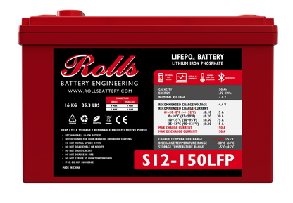 A red industrial battery with technical specifications and brand markings, including 'Rolls Battery Engineering' and 'LIFEPO4 BATTERY S12-150LFP'.