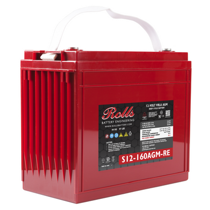 A red AGM deep cycle battery with a white lid and black label displaying product information.