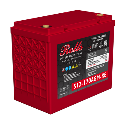 A red Rolls Battery Engineering 12V VRLA AGM deep cycle battery, model S12-170AGM-RE, shown at a three-quarter angle on a white background.