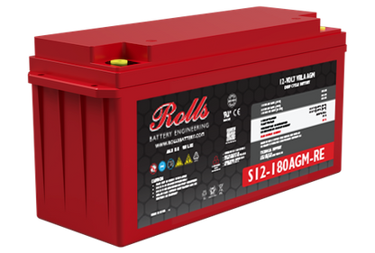 S12-180AGM a red Rolls battery with a black and red label, shown at a three-quarter angle on a plain white background.