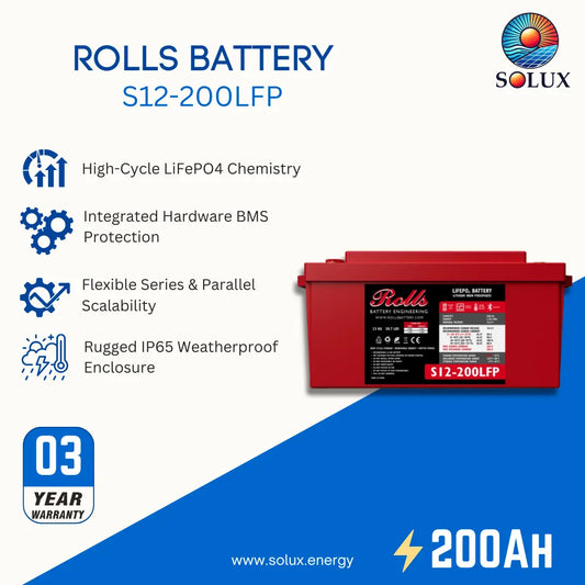 A promotional product graphic for a Rolls S12-200LFP battery. The battery itself is shown on the right in red with a black and white label.