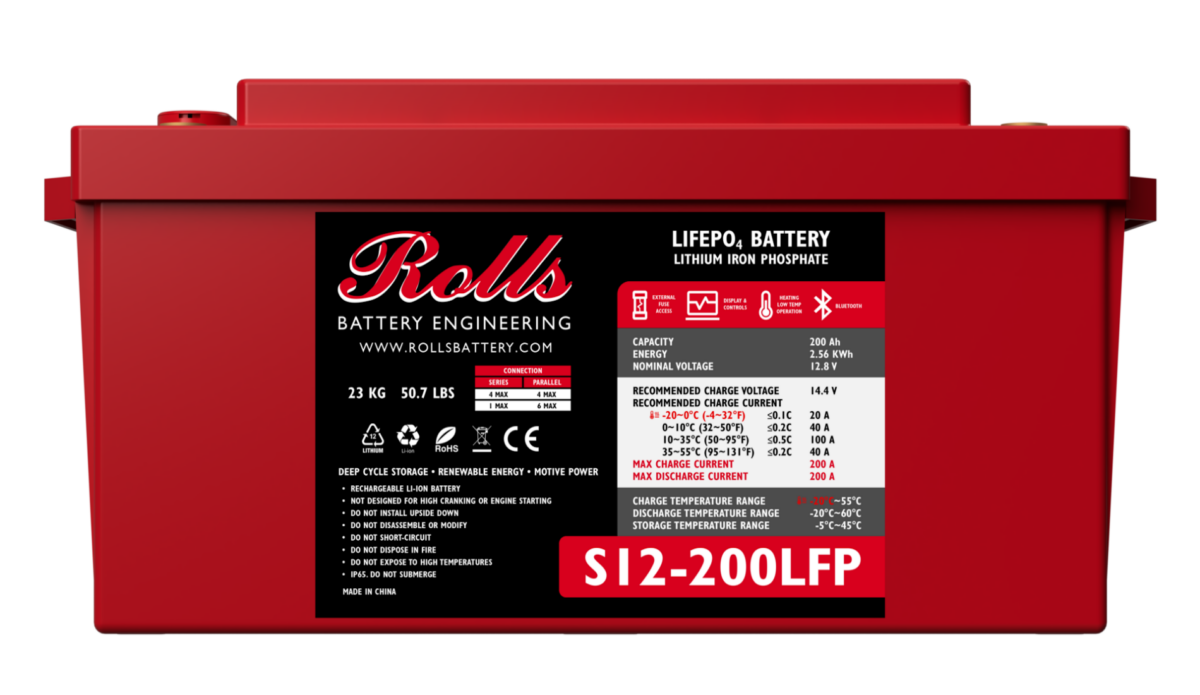 A red industrial battery with branding and model number S12-200LFP displayed on the label.