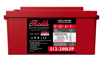A red industrial battery with branding and model number S12-200LFP displayed on the label.