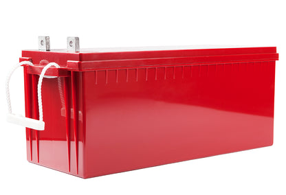 A red AGM deep cycle battery with a white rope handle on top.