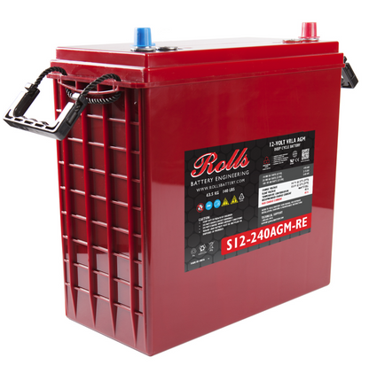 Rolls Surrette S12-240AGM 215Ah 12VDC AGM Deep Cycle Battery. A red AGM deep cycle battery with blue terminals, labeled Rolls Battery, model S12-240AGM.