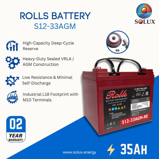 A promotional graphic image of rolls surrette battery 35Ah  S12-33AGM the product image on the right and the key features in thleft side 
