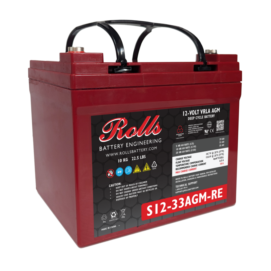 A red rolls surrette battery  s12-33AGM-re with handle