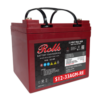 A red rolls surrette battery  s12-33AGM-re with handle