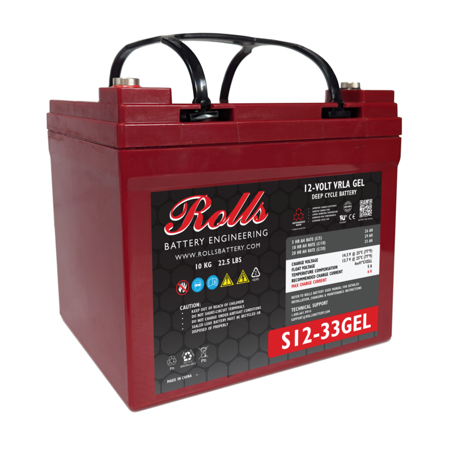 A red Rolls Battery Surrette S12-33GEL 12VDC 35Ah GEL battery with black terminals and carrying handles.