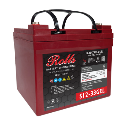A red Rolls Battery Surrette S12-33GEL 12VDC 35Ah GEL battery with black terminals and carrying handles.