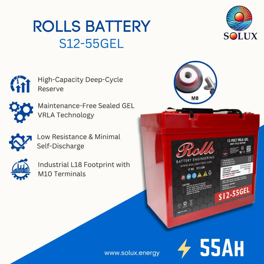 A red Rolls Battery S12-55GEL product photo on a white and blue promotional graphic. The image includes feature callouts, a circular M8 terminal detail, and the Solux logo.