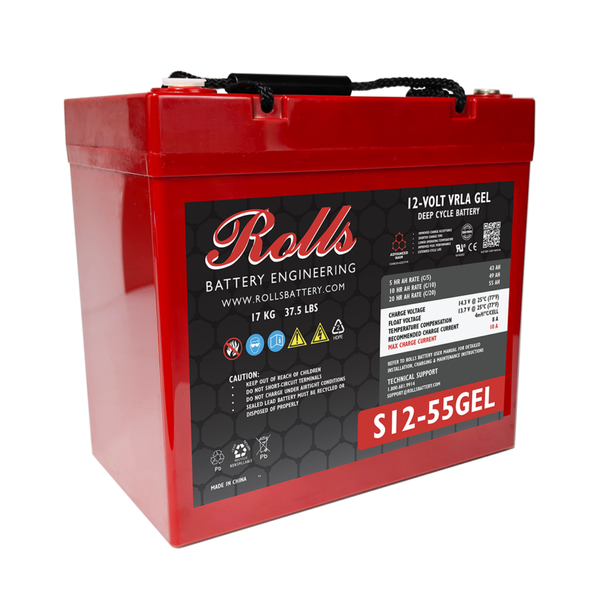 A red battery with black and gray labeling, branded as Rolls Battery Engineering, for a 12VDC 55Ah Deep Cycle GEL Battery.