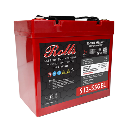 A red battery with black and gray labeling, branded as Rolls Battery Engineering, for a 12VDC 55Ah Deep Cycle GEL Battery.