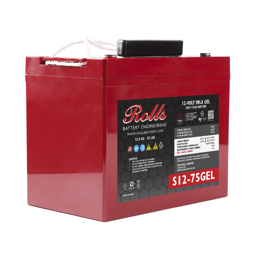 A red Rolls Surrette S12-75GEL 12VDC 75Ah Deep Cycle GEL Battery with black terminals on top, set against a white background.