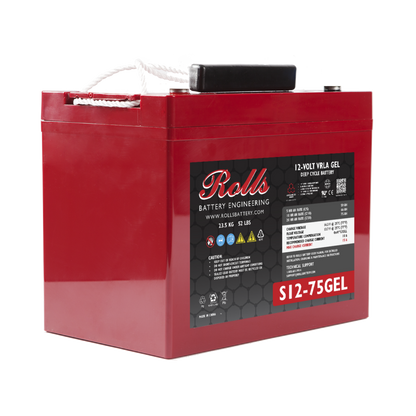 A red Rolls Surrette S12-75GEL 12VDC 75Ah Deep Cycle GEL Battery with black terminals on top, set against a white background.