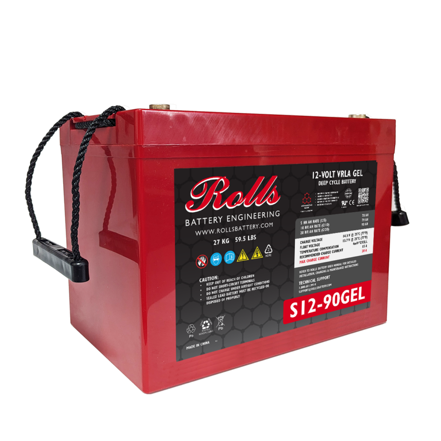 A red Rolls Battery Surrette S12-90GEL 12VDC 90Ah Deep Cycle GEL Battery with black labeling and a plastic handle.