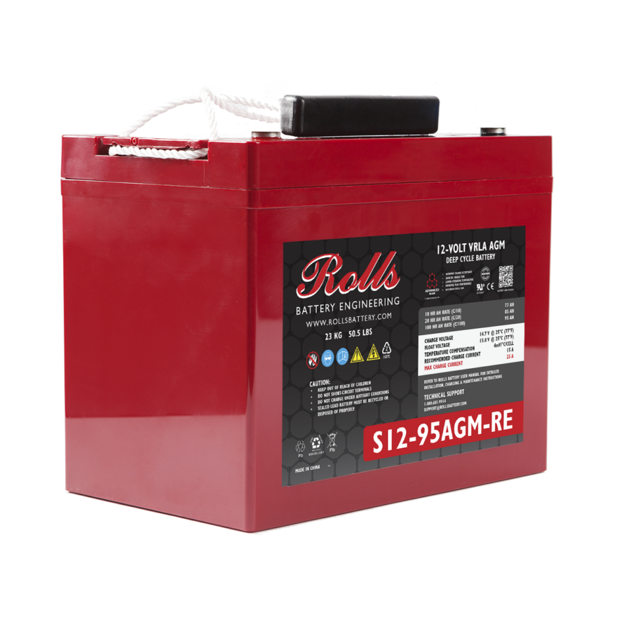 Rolls Surrette S12-95AGM 85Ah 12VDC AGM Deep Cycle Battery. A red AGM deep cycle battery with a white rope handle and black labeling, including the brand name 'Rolls' and the model number 'S12-95AGM'.