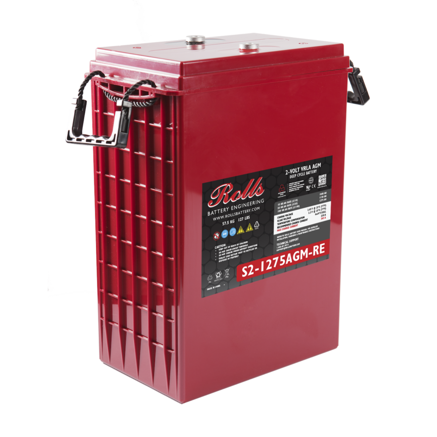 A red AGM deep cycle battery with black terminals and branding labels, designed for marine use.