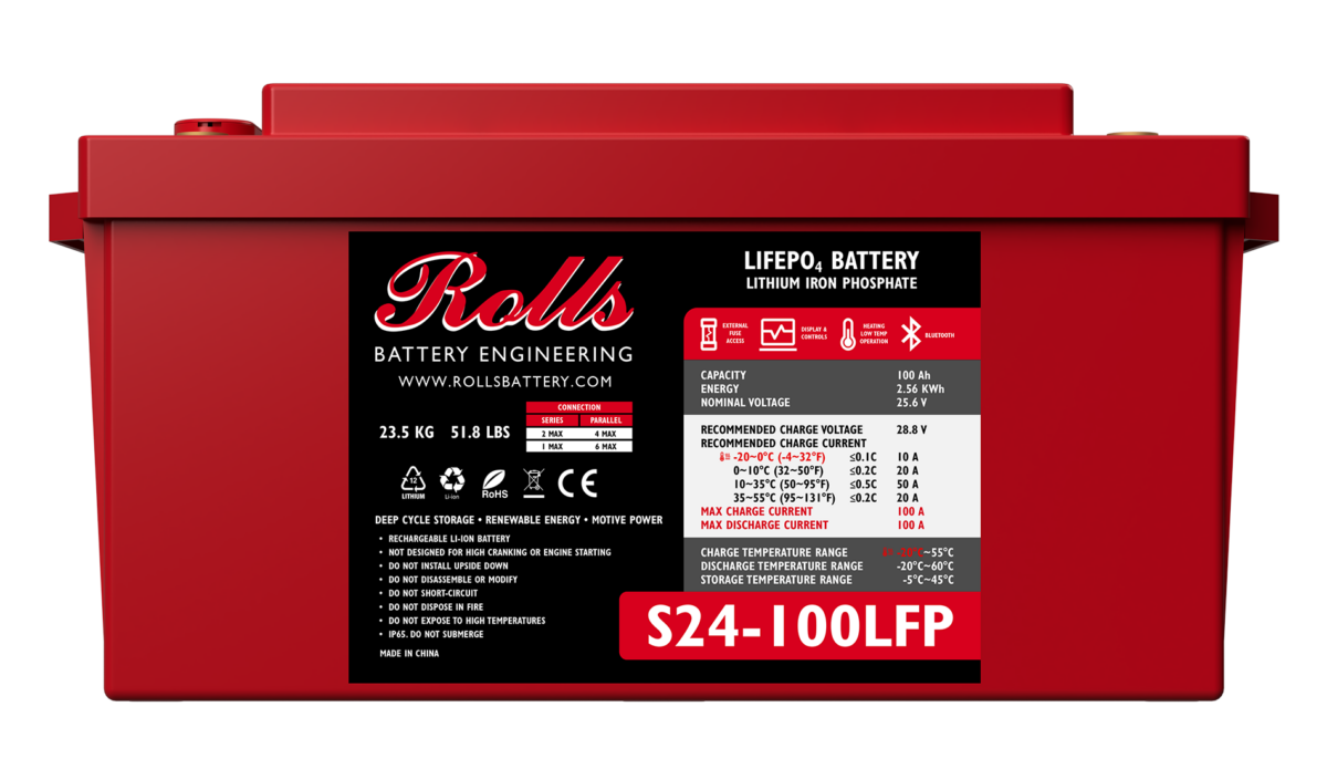 A red industrial battery with branding and model number S24-100LFP displayed on the label.