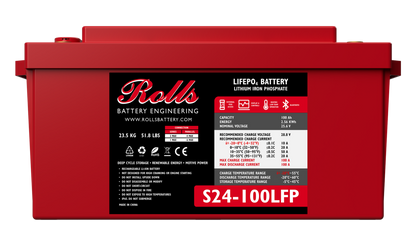 A red industrial battery with branding and model number S24-100LFP displayed on the label.
