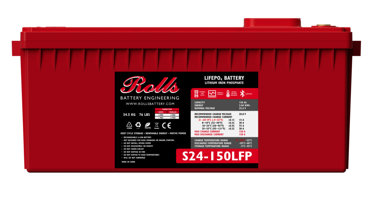 Rolls Surrette S24-150LFP 24V 150Ah Lithium Battery, A red lithium battery with branding and model number visible on the label.