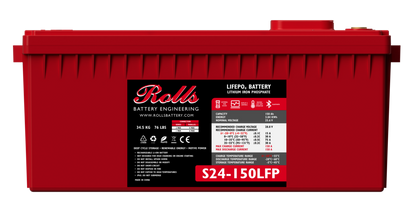 Rolls Surrette S24-150LFP 24V 150Ah Lithium Battery, A red lithium battery with branding and model number visible on the label.